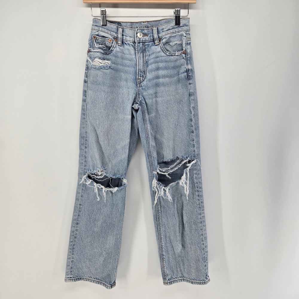 American Eagle Stovepipe Jeans Womens 00 Short Light Wash Distressed High Rise